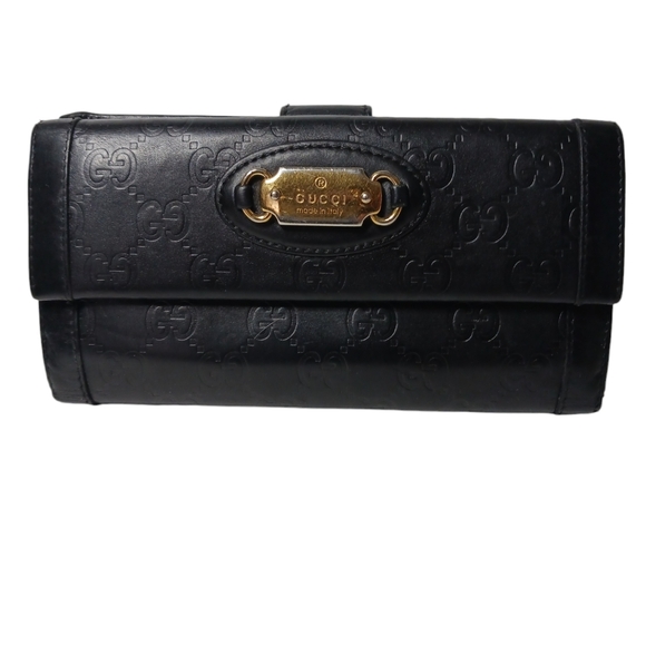 GUCCI Guccissima punch continental flap wallet black leather gold tone plate. - Picture 1 of 16